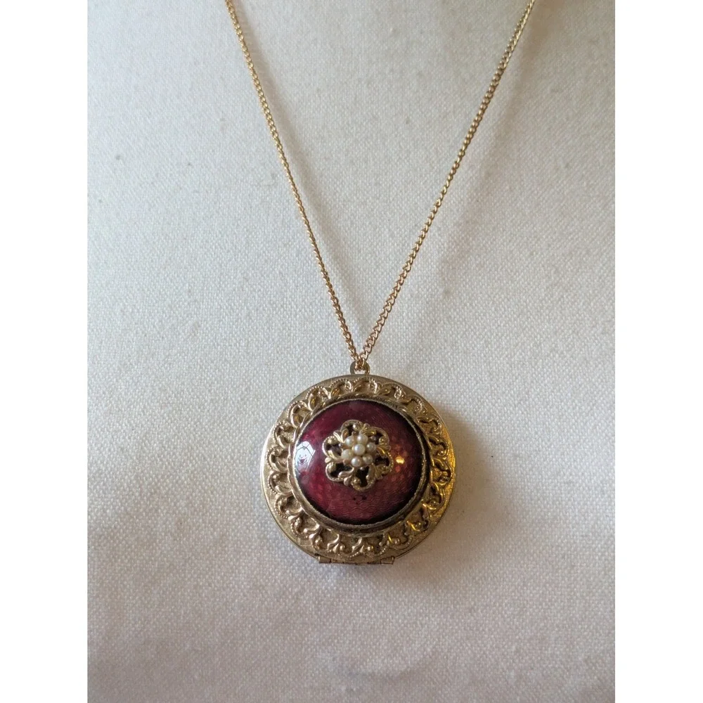 Vintage Guilloch Locket Necklace Gold Tone & Red Enamel Victorian Revival 24